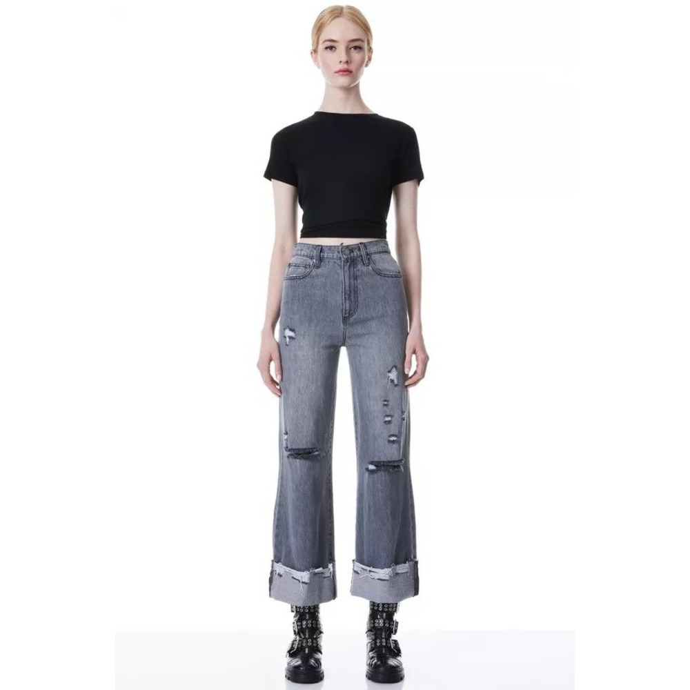 Alice + Olivia‎ Amazing High Rise Wide Leg Distressed Grey Jeans CD379102NTW 28